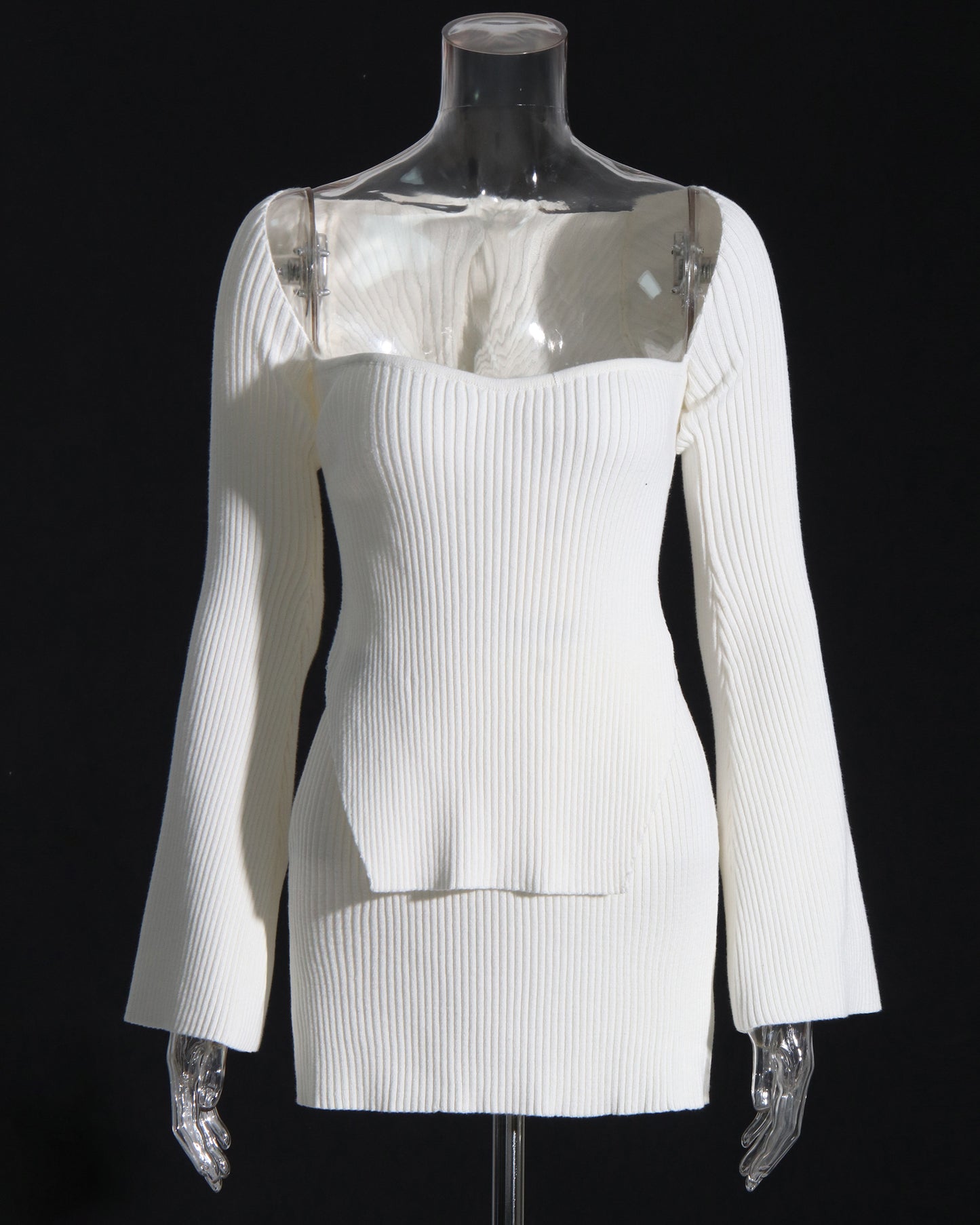 White Ribbed Knit Cutout Long-Sleeve Set