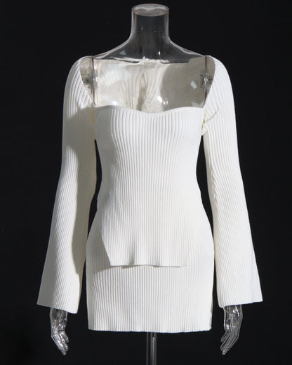 White Ribbed Knit Cutout Long-Sleeve Set