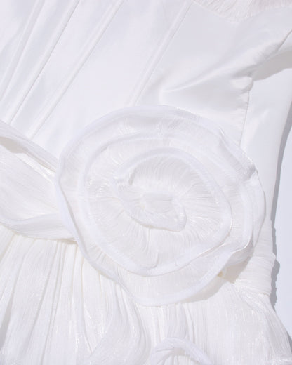 White Ruched Corset Midi Dress with Ruffled Hem