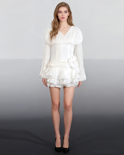 White Ruched Corset Midi Dress with Ruffled Hem