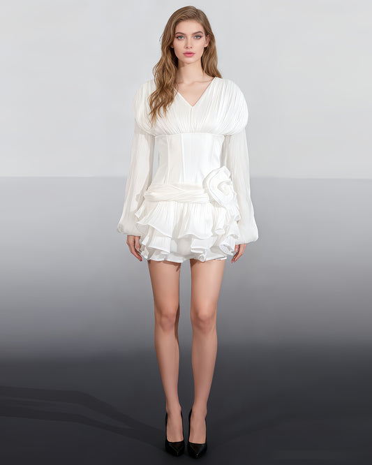 White Ruched Corset Midi Dress with Ruffled Hem