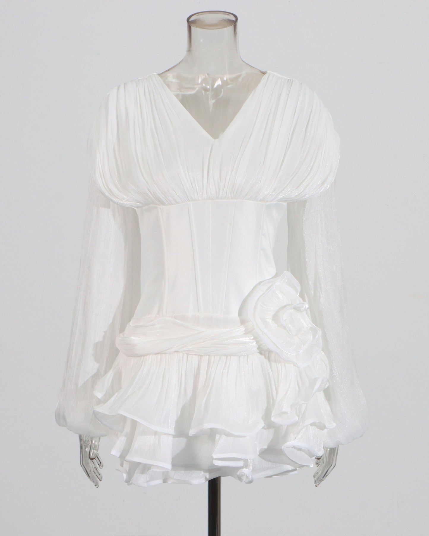 White Ruched Corset Midi Dress with Ruffled Hem