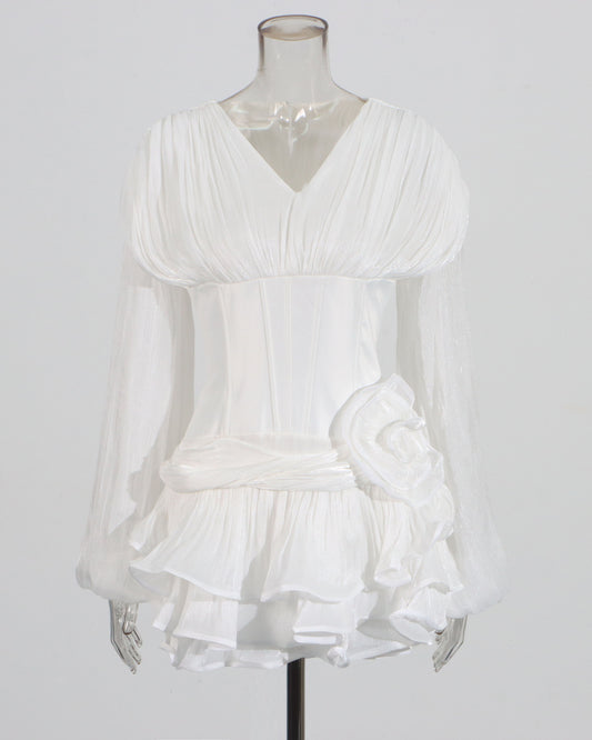 White Ruched Corset Midi Dress with Ruffled Hem