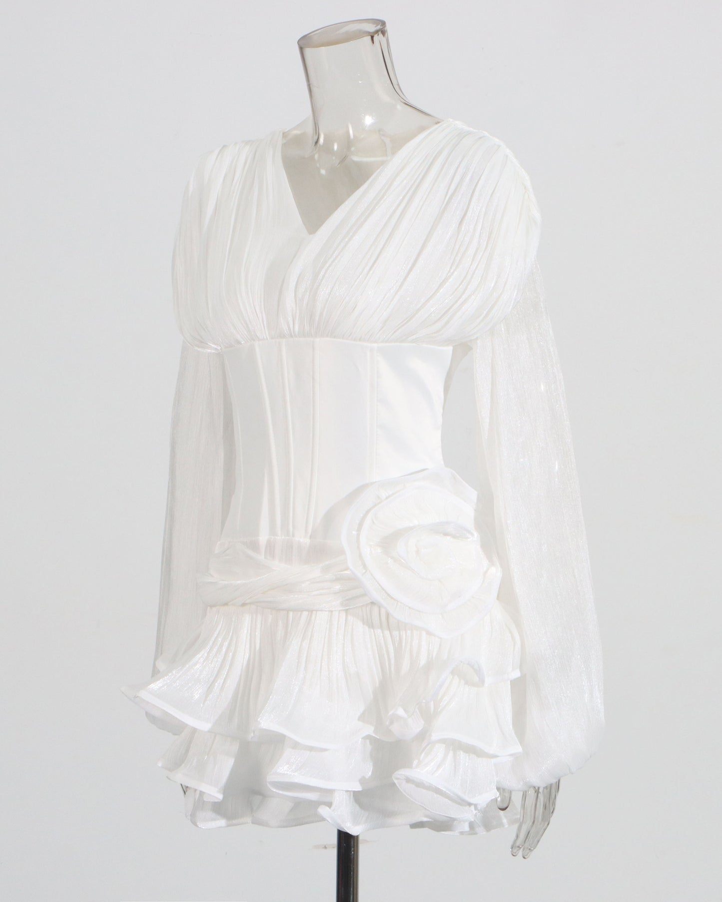 White Ruched Corset Midi Dress with Ruffled Hem