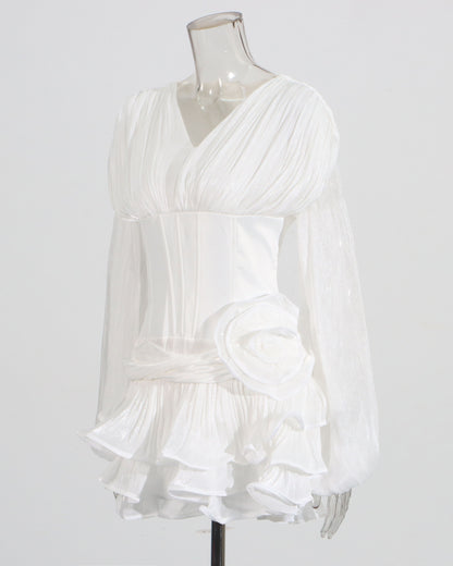 White Ruched Corset Midi Dress with Ruffled Hem