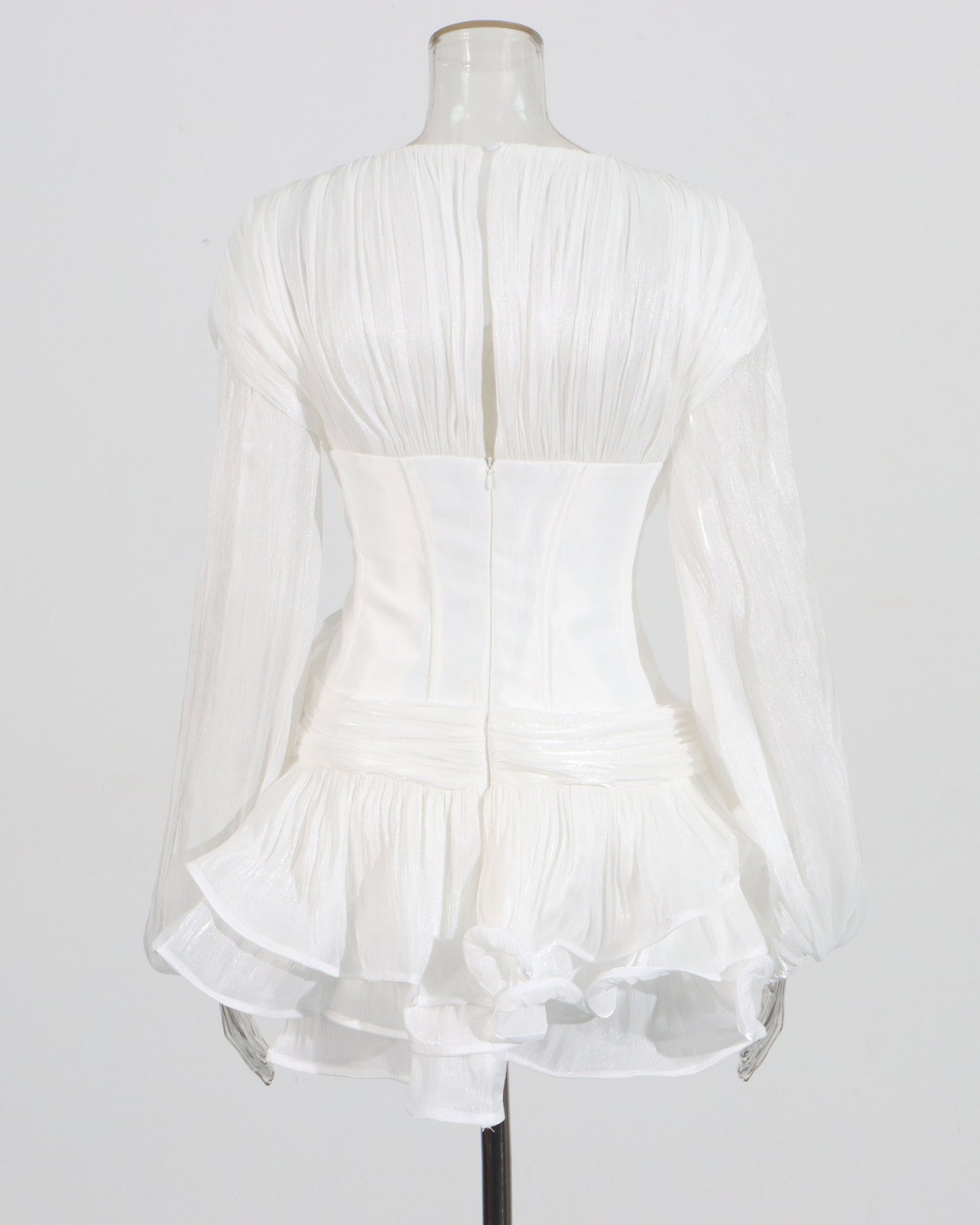 White Ruched Corset Midi Dress with Ruffled Hem