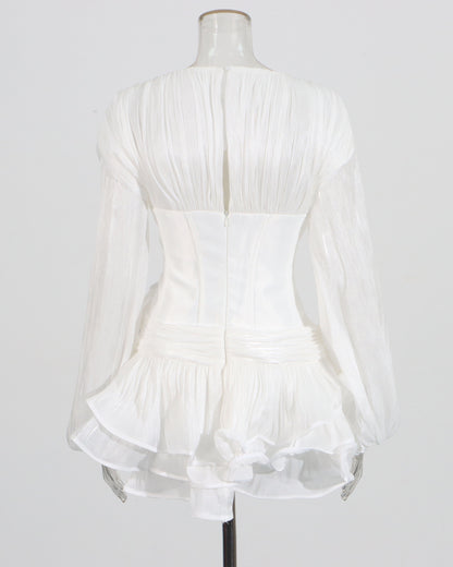 White Ruched Corset Midi Dress with Ruffled Hem