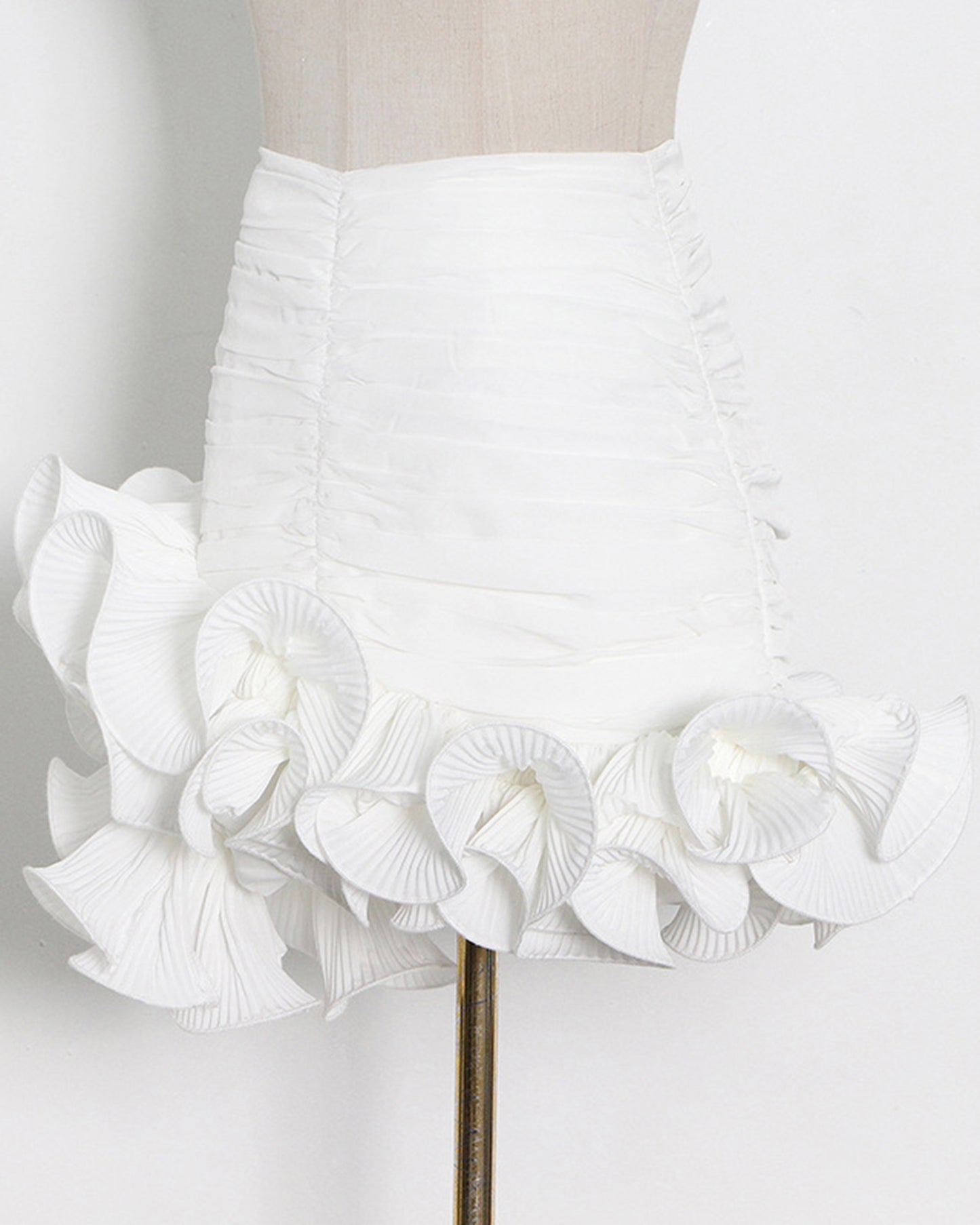 White Ruched Mini Skirt with Pleated Ruffle Hem