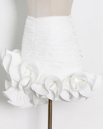 White Ruched Mini Skirt with Pleated Ruffle Hem