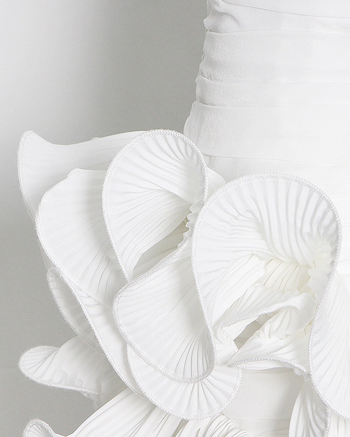 White Ruched Mini Skirt with Pleated Ruffle Hem