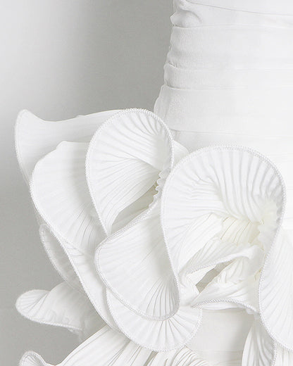 White Ruched Mini Skirt with Pleated Ruffle Hem