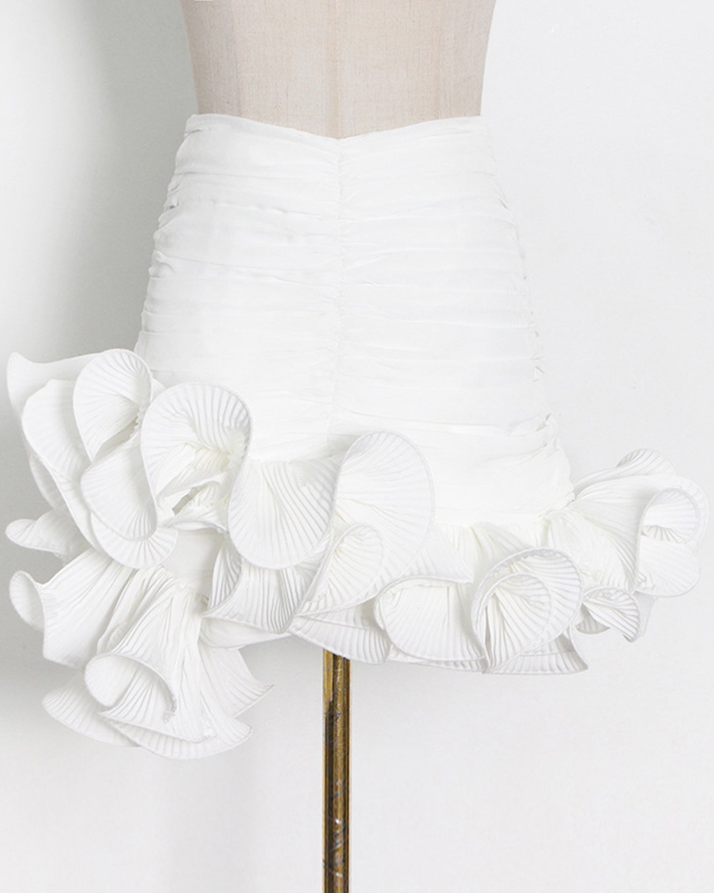 White Ruched Mini Skirt with Pleated Ruffle Hem