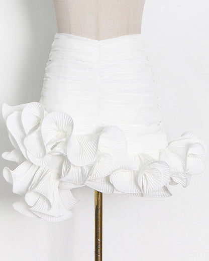 White Ruched Mini Skirt with Pleated Ruffle Hem