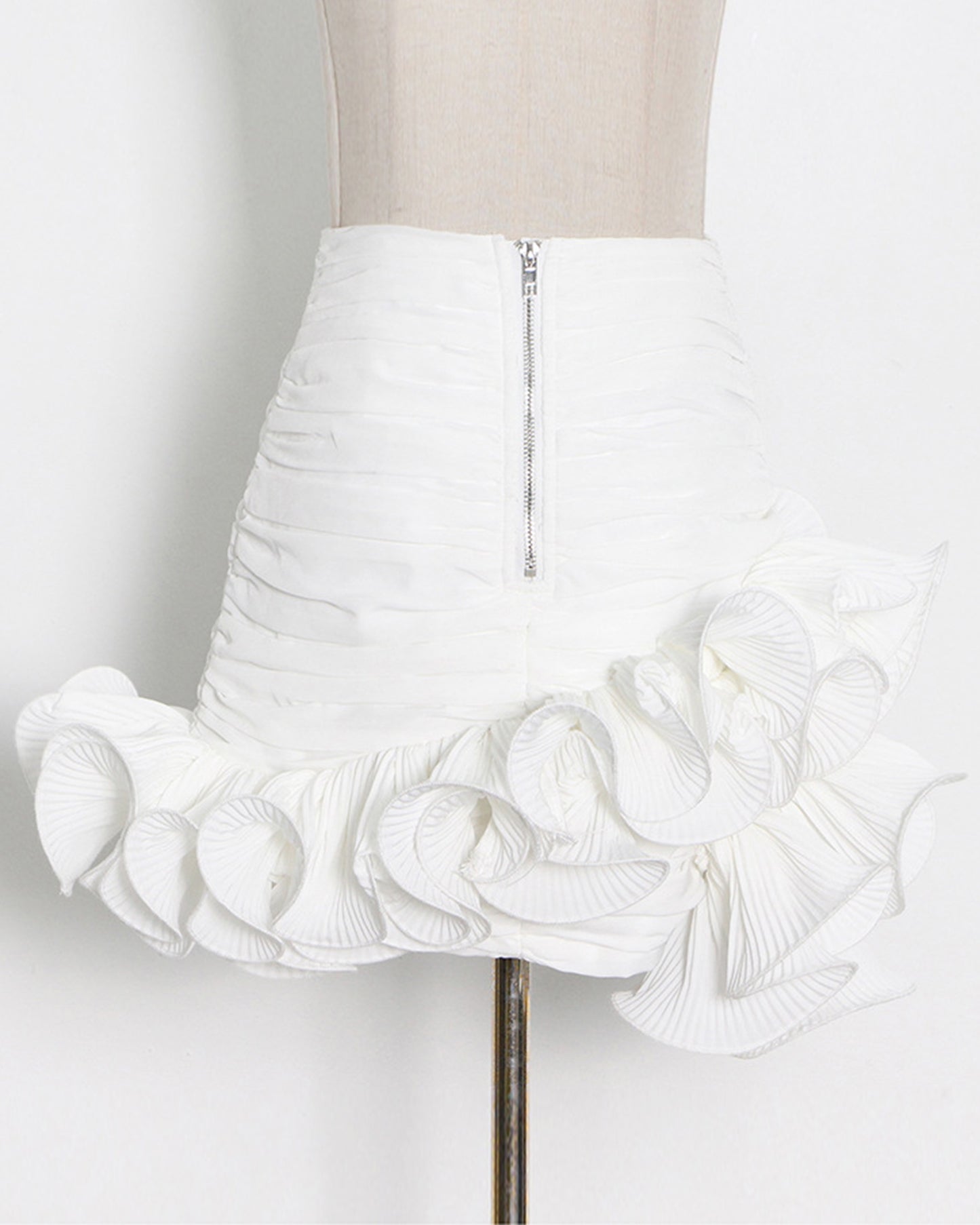White Ruched Mini Skirt with Pleated Ruffle Hem