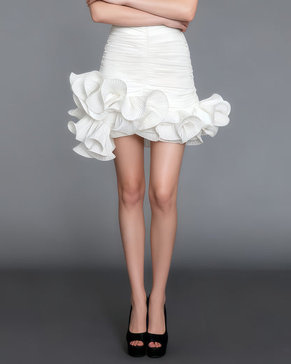 White Ruched Mini Skirt with Pleated Ruffle Hem