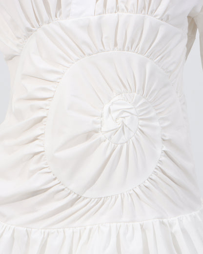 White Ruched Sunburst Shirt Dress