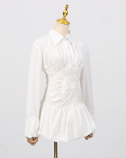 White Ruched Sunburst Shirt Dress