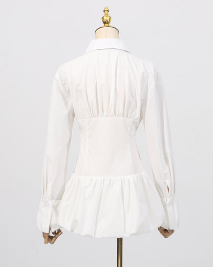 White Ruched Sunburst Shirt Dress