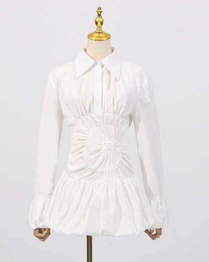 White Ruched Sunburst Shirt Dress