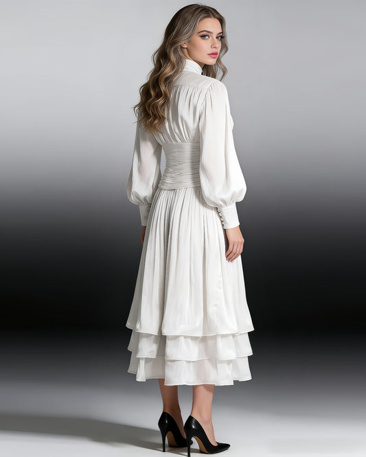 White Ruched Waist Tiered Midi Dress