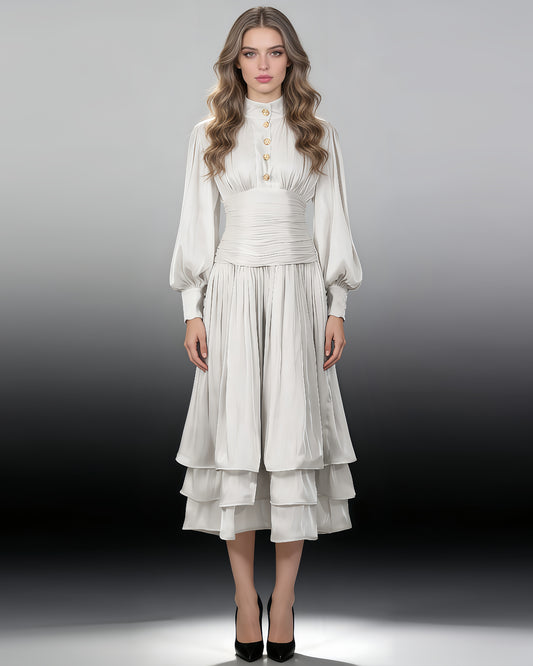 White Ruched Waist Tiered Midi Dress