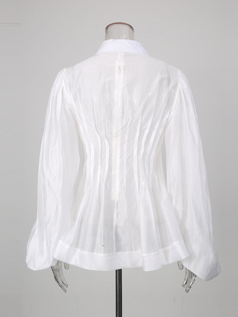 White Ruffle Collar Long Sleeve Top With Tie Detail