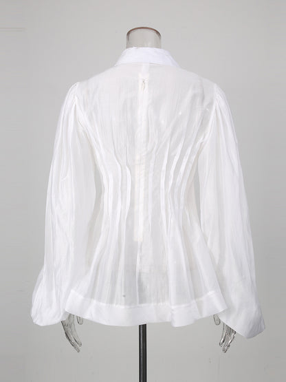 White Ruffle Collar Long Sleeve Top With Tie Detail
