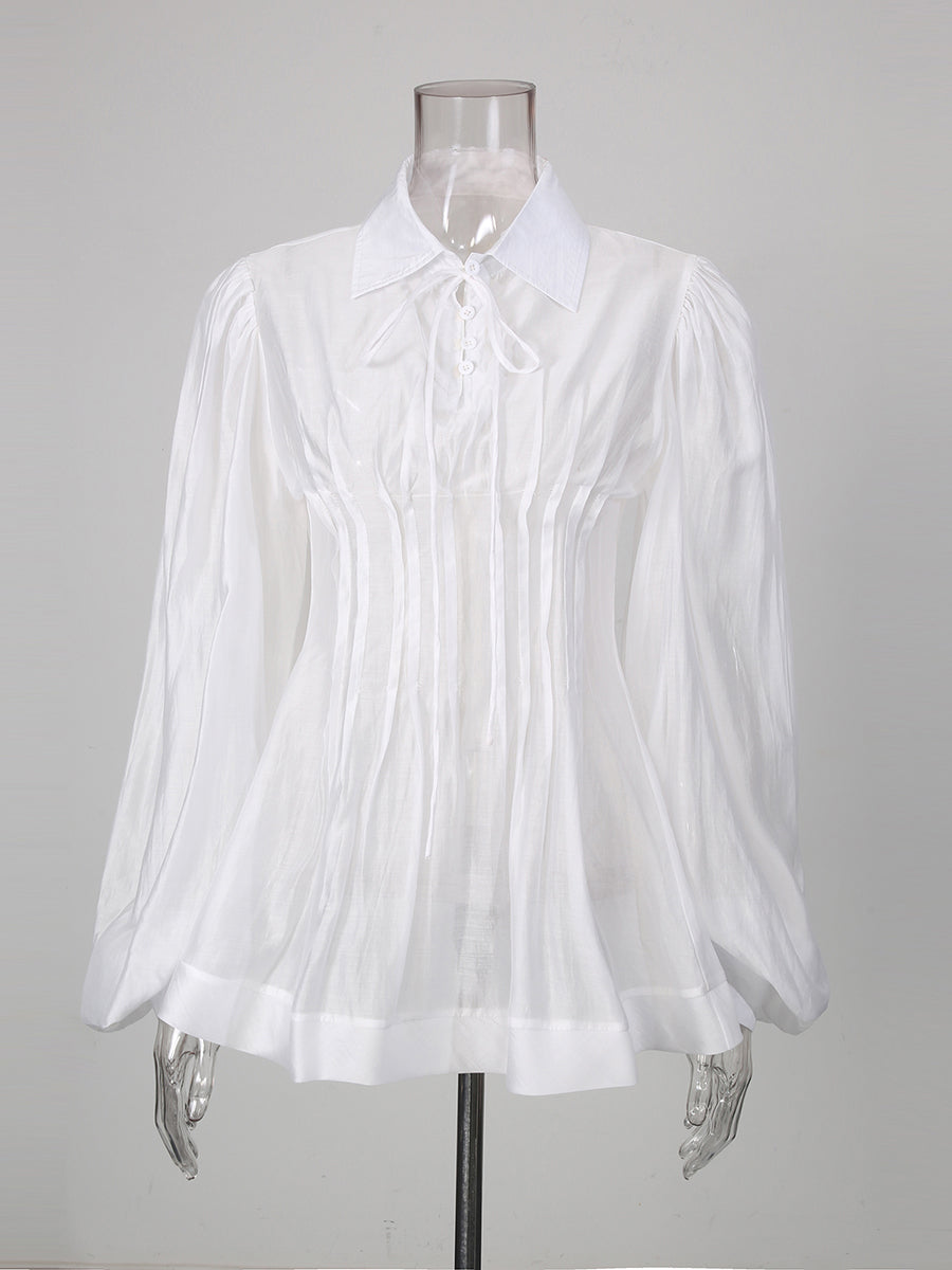 White Ruffle Collar Long Sleeve Top With Tie Detail