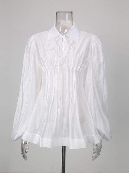White Ruffle Collar Long Sleeve Top With Tie Detail