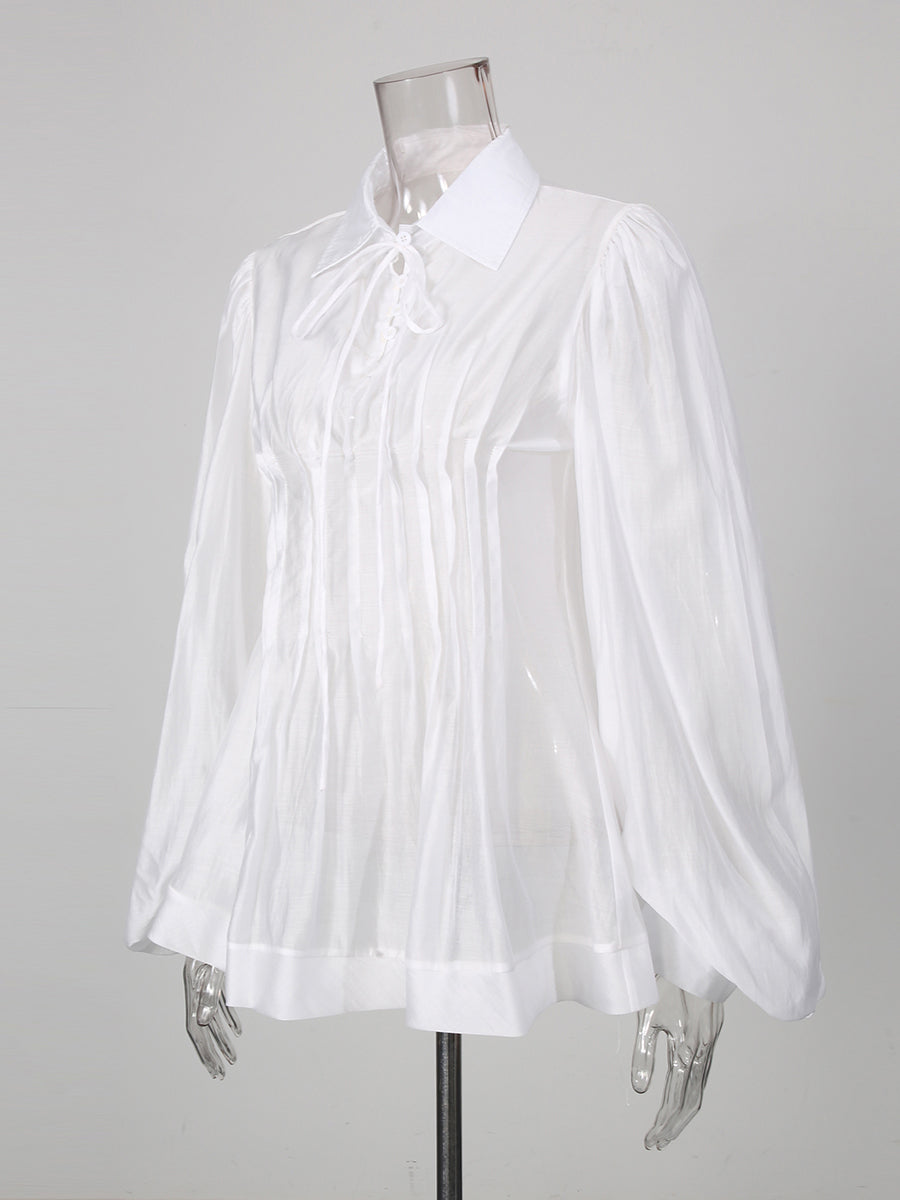 White Ruffle Collar Long Sleeve Top With Tie Detail