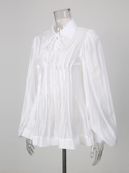 White Ruffle Collar Long Sleeve Top With Tie Detail