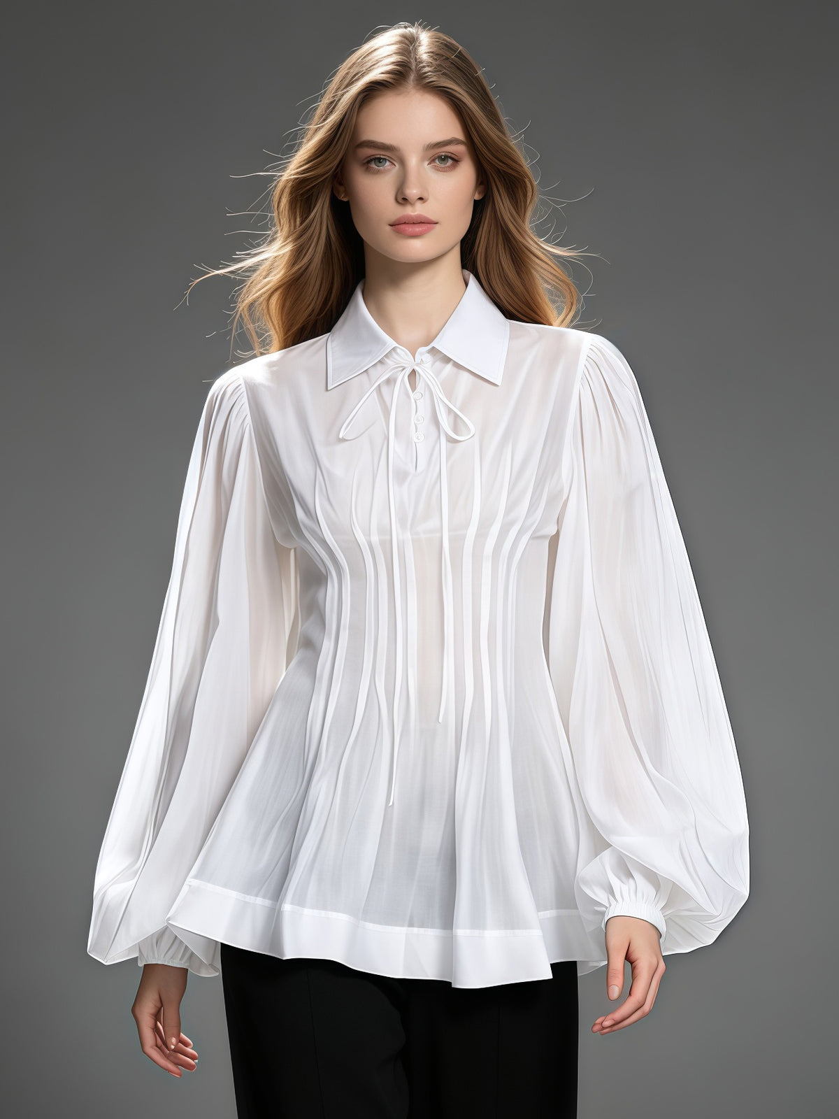 White Ruffle Collar Long Sleeve Top With Tie Detail