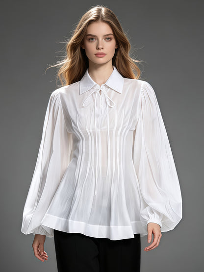 White Ruffle Collar Long Sleeve Top With Tie Detail