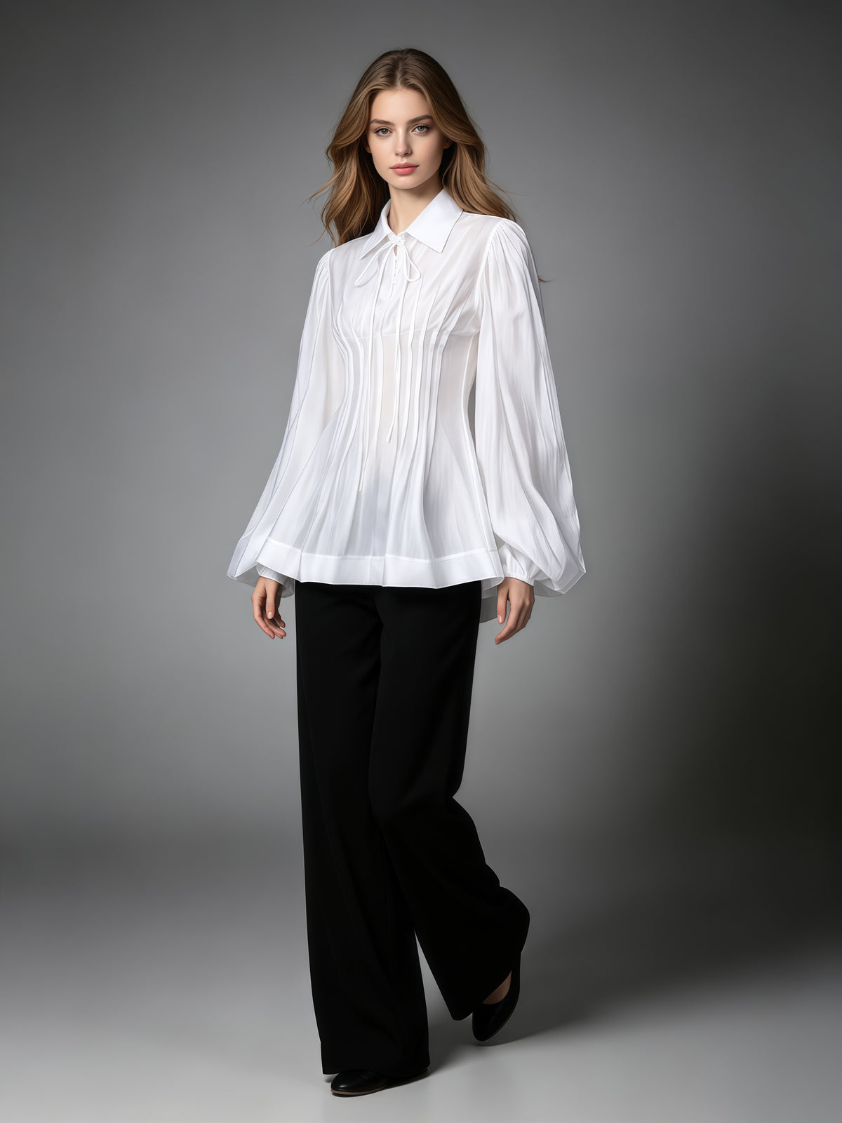 White Ruffle Collar Long Sleeve Top With Tie Detail