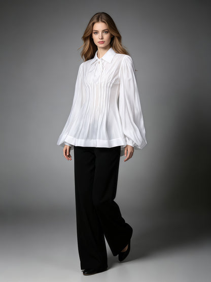White Ruffle Collar Long Sleeve Top With Tie Detail