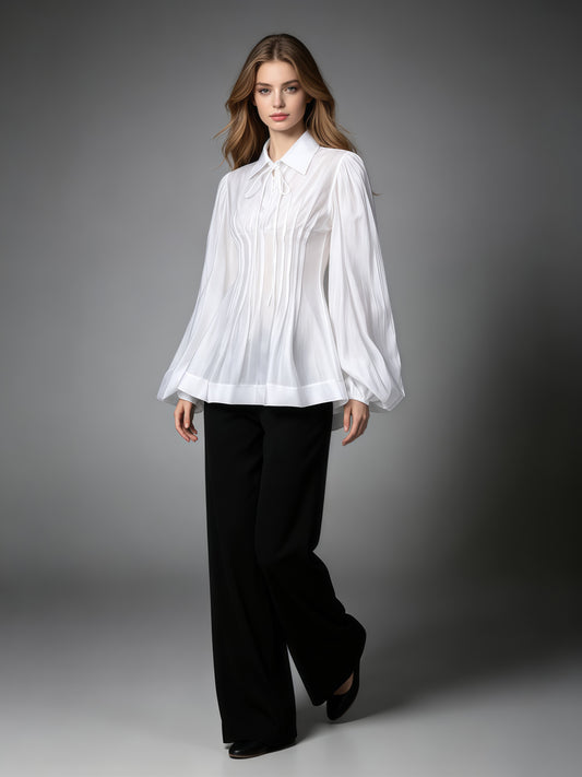White Ruffle Collar Long Sleeve Top With Tie Detail