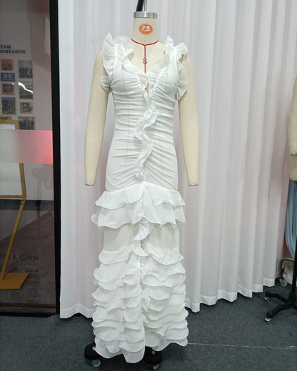 White Ruffle Trim Ruched Mermaid Maxi Dress