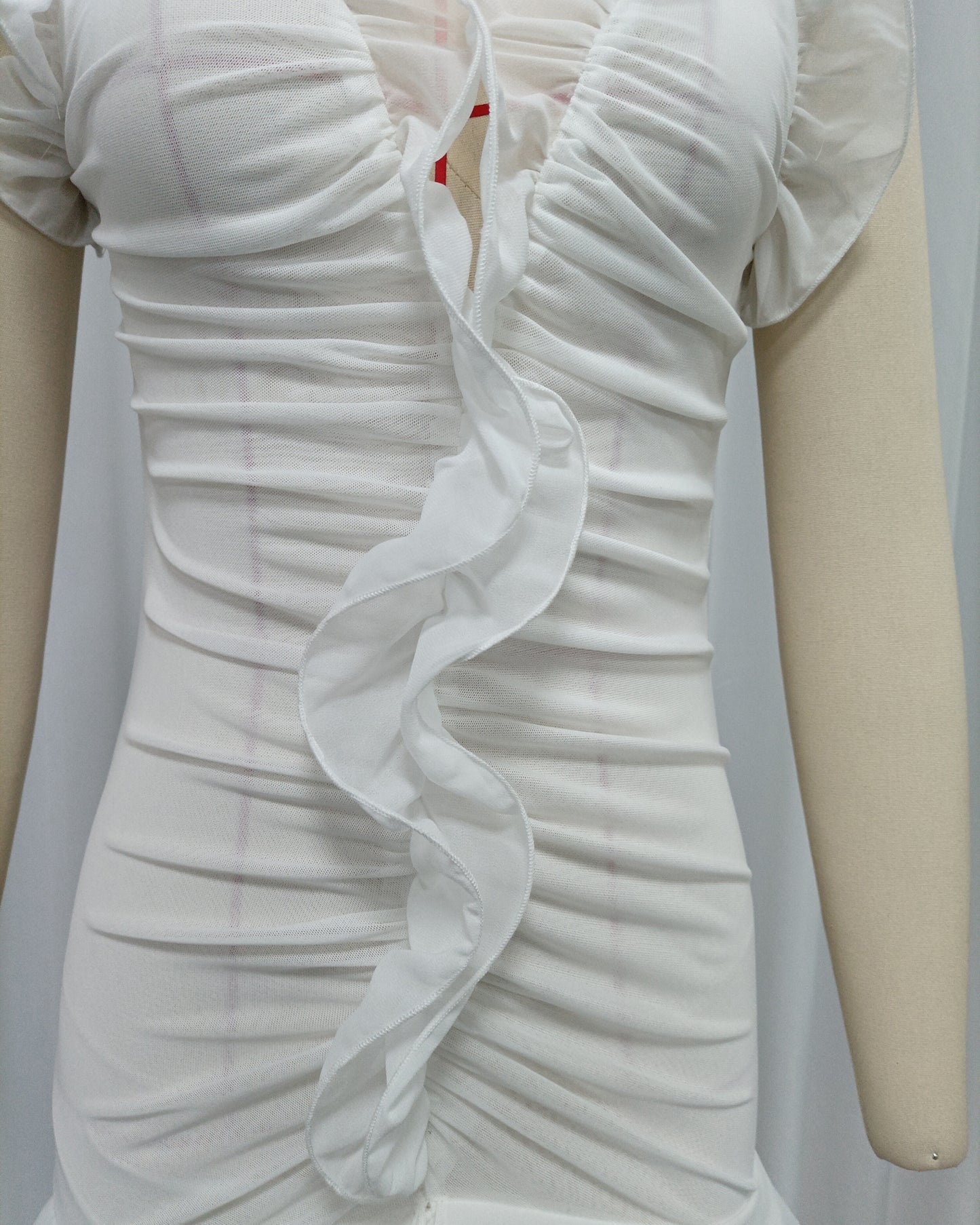 White Ruffle Trim Ruched Mermaid Maxi Dress