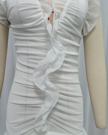 White Ruffle Trim Ruched Mermaid Maxi Dress