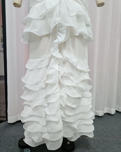 White Ruffle Trim Ruched Mermaid Maxi Dress