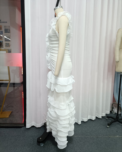 White Ruffle Trim Ruched Mermaid Maxi Dress