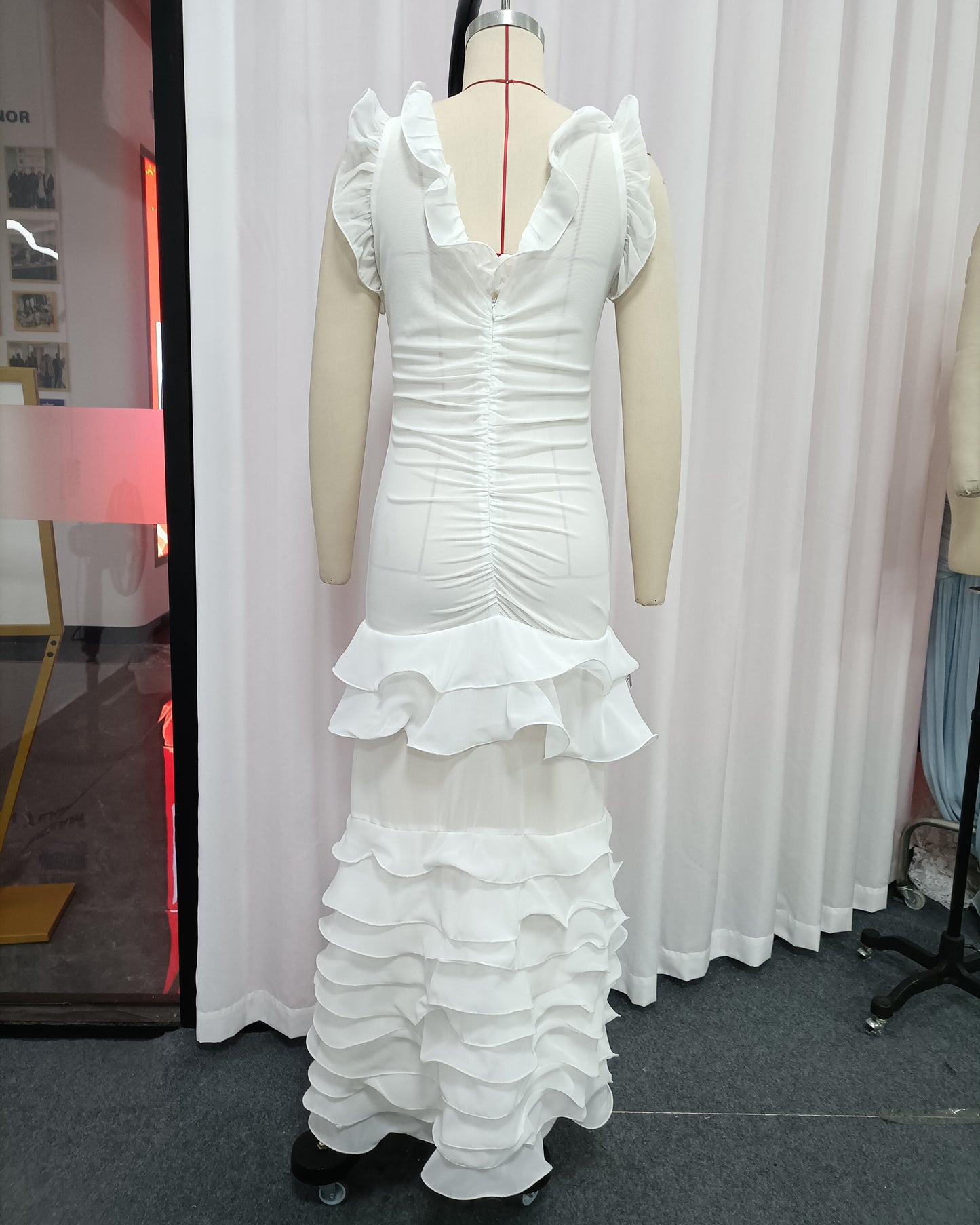 White Ruffle Trim Ruched Mermaid Maxi Dress