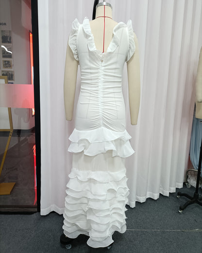 White Ruffle Trim Ruched Mermaid Maxi Dress