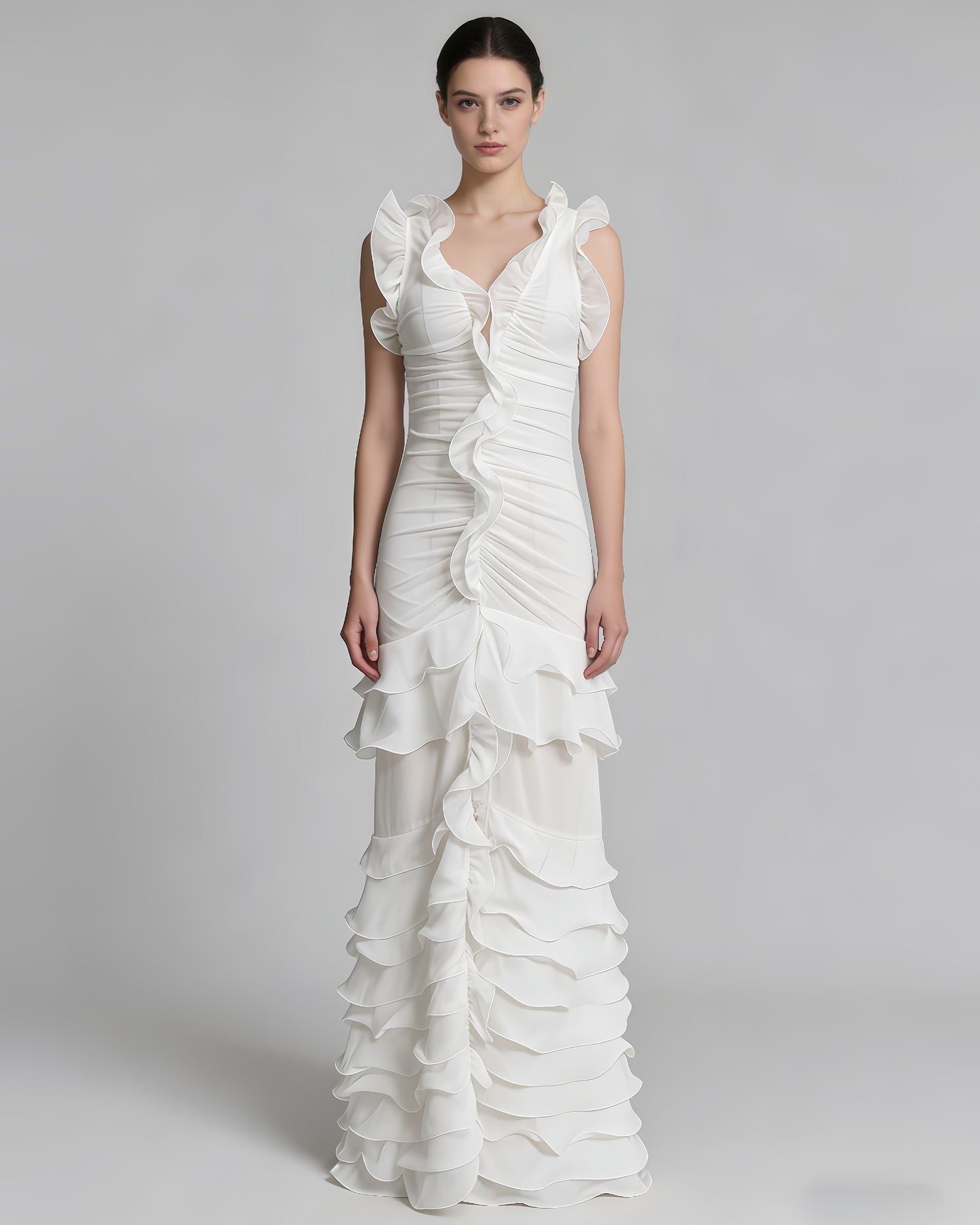 White Ruffle Trim Ruched Mermaid Maxi Dress