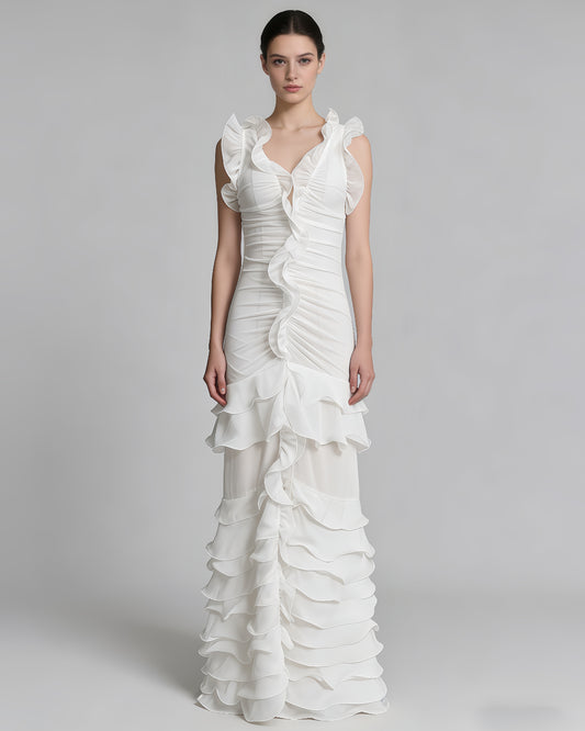 White Ruffle Trim Ruched Mermaid Maxi Dress