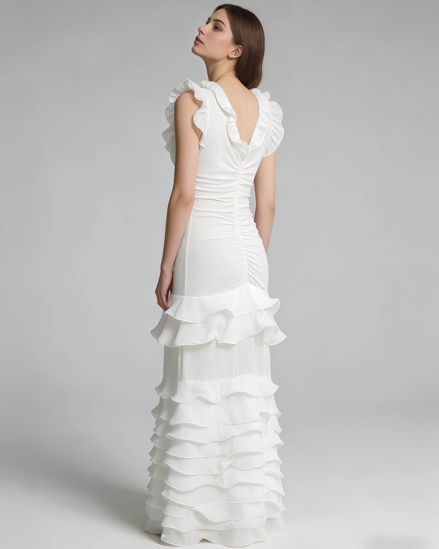 White Ruffle Trim Ruched Mermaid Maxi Dress