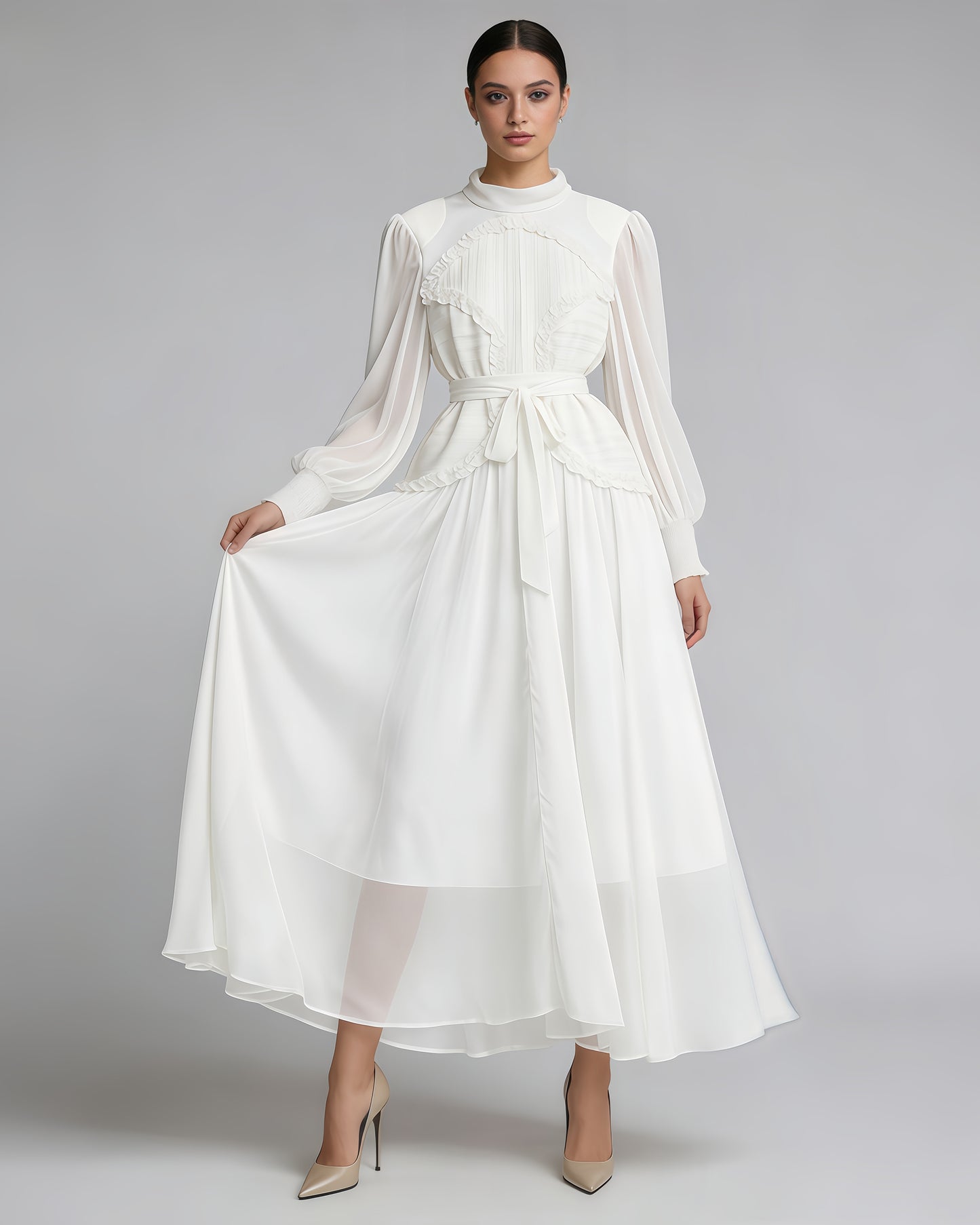 White Ruffled Tie-Waist Maxi Dress