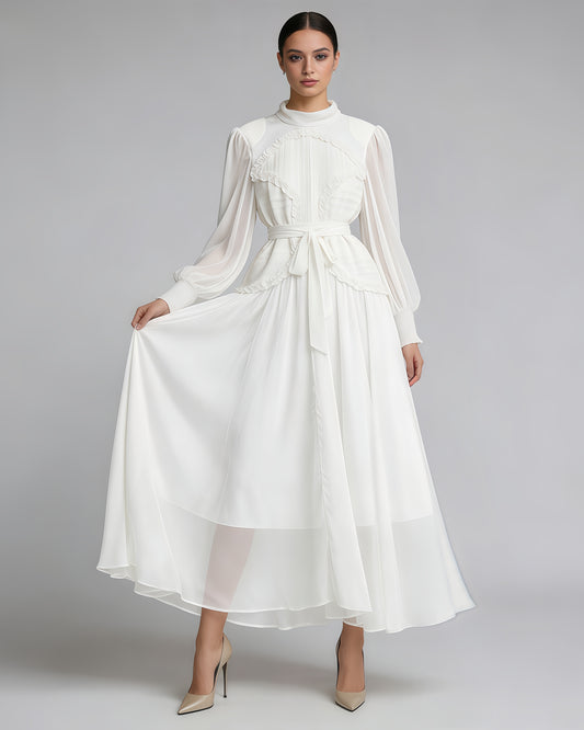 White Ruffled Tie-Waist Maxi Dress