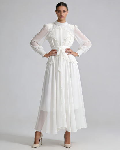 White Ruffled Tie-Waist Maxi Dress