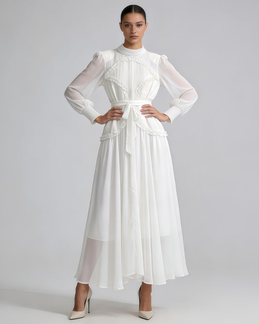 White Ruffled Tie-Waist Maxi Dress